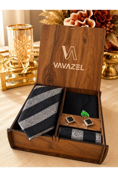 vavazel Premium Wooden Boxed Men's Tie Set – 7.5 cm Classic Black and White S...