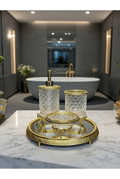 voliX Dizayn Premium Gold Cam Banyo Seti 4 Parça Aynalı Tepsili Kristal Desen...