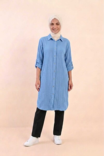 madam trend Light Blue Women's 100% Cotton Muslin Fabric Long Sleeve Hijab Sh...