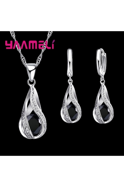 Choice4 Black Hot Water Drop CZ 925 Sterling Silver Plated Jewelry Set For Wo...