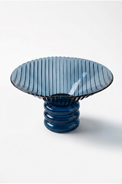 Sembol Blue Line Patterned Decorative Plate – Glass Serving Dish with Stand, ...