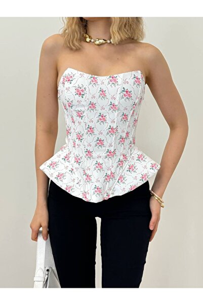 LOKADI Kadın Çiçek Desenli Straplez Korse Büstiyer Sırtı Bağlamalı Peplum Bluz