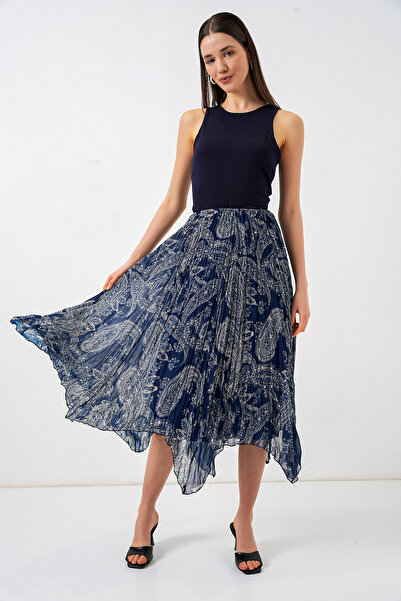 Merterium Women's Asymmetrical Tulle Chiffon Skirt 1477 - Navy Blue