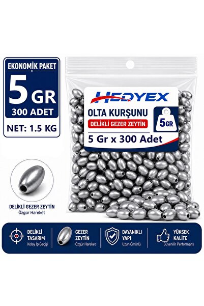 Hedyex 5 Gr 300 Pieces (1.5 kg) Fishing Line Lead with Hole Gezer Zeytin