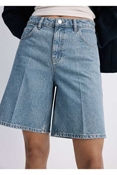 MANGO Woman Yüksek bel düz kesim denim bermuda şort
