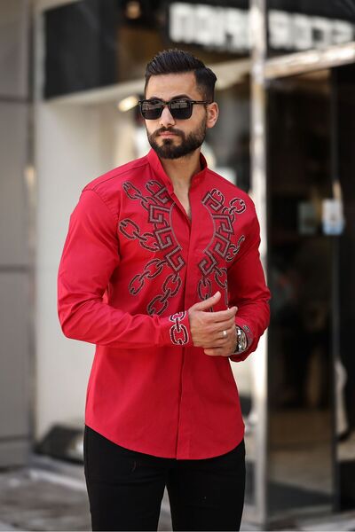 BAYIM Geometrik Zincir Desenli Slim Fit Hakim Yaka Taş İşlemeli Erkek Gömlek