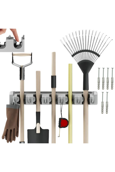 Mardil Suport de perete pentru mături cu 5 prinderi automate + 6 cârlige, 40c...