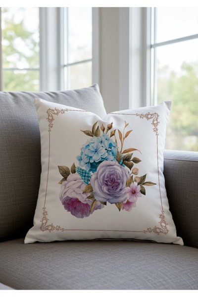 Sakallı White Background Blue Lilac Flower Patterned Digital Printed Decorative Set of 2 Throw Pillow Covers