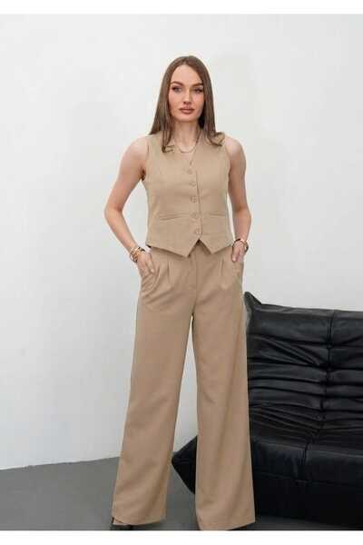 Niora Moda Women's Beige Modern Vest & Palazzo Pants Set
