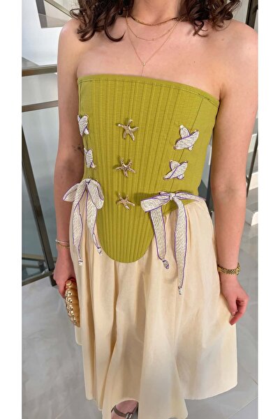 Sude Kızanlıklı Oil Green Gold Detailed Corset Bustier