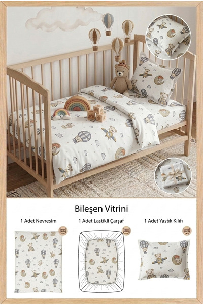 Bebelz Park Yatak %100 Pamuk Sevimli Ayıcık Ve Uçak Desenli Bebek Nevresim Ta...