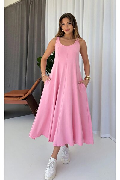 MODA Şeker Pembe Modal Kumaş Parçalı Kalın Askılı Midi Boy Elbise
