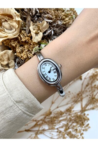 Mazzy Kelepçe Oval Model Silver White Dial Steel Women's Wristwatch