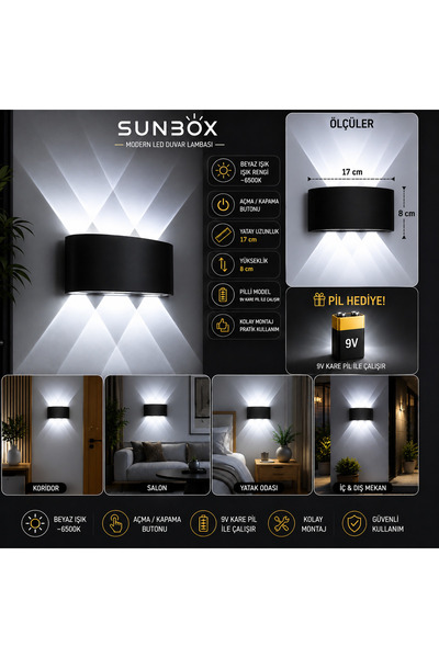 Sunbox Pilli Beyaz Işık Duvar Aplik - Kablosuz Modern Aplik