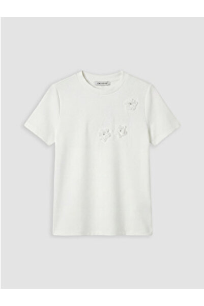 LC Waikiki New Season White Floral Embroidered Soft Touch Women's T-Shirt