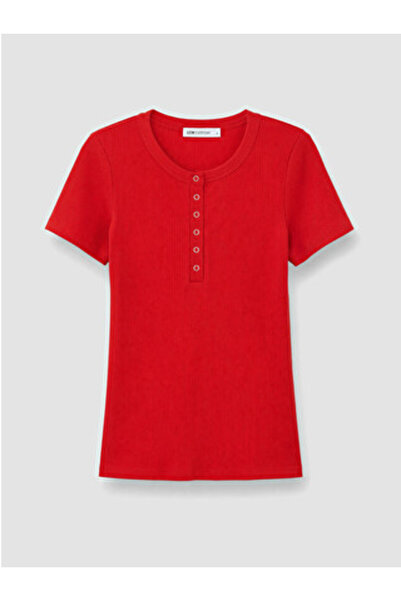 LC Waikiki New Season Red Crew Neck Women's Ribbed T-Shirt