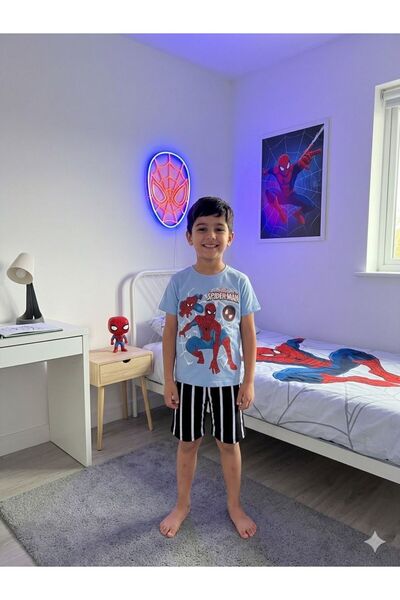 deve kids Dečački set od pamučne tkanine plave boje sa šarenim uzorkom, kratk...