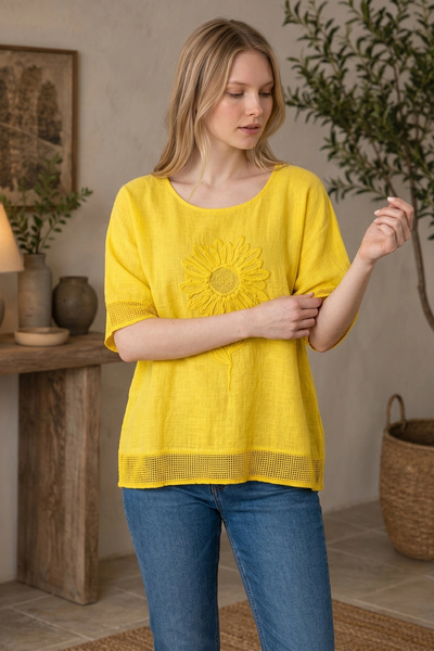 Bİ.GİYSEN Yellow 100% Washable Linen Fabric Authentic Blouse with Sunflower A...