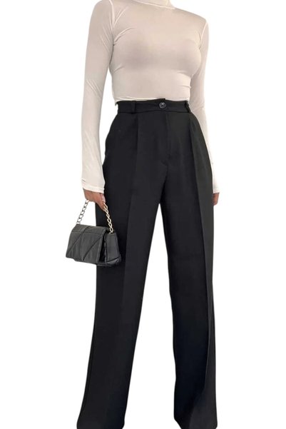 Livik Women's Black Comfortable Wide-Leg Pleated Fabric Pants