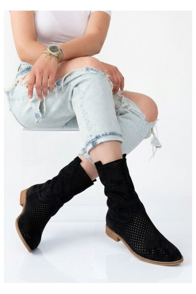 BellAyakkabı Bellamor Women's Perforated Suede Summer Laser Cut Cowboy Boots