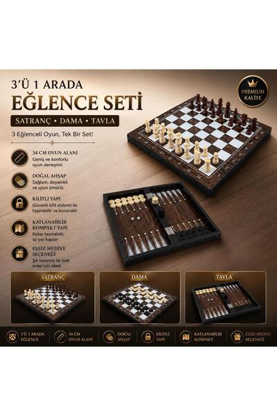 e-life Lüks Ahşap Ceviz Görünümlü 3'ü 1 Arada 34 cm Kilitli Satranç Dama Tavl...