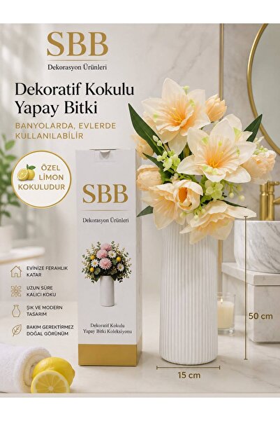 SBB Oda Kokusu - Limon Kokulu Dekoratif Oda Kokusu - Yapay Çiçekli Şık Vazo