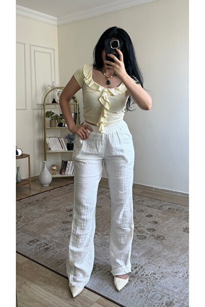 YELZEY BUTİK Beyaz Keten Pantolon