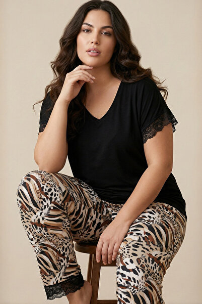 Siyah İnci Black Leopard Print Large Size Oversized Viscose Knitted Pajama Set