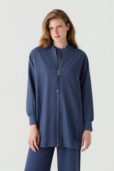 Zühre Floral Brooch Zippered Jacquard Indigo Jacket 0162