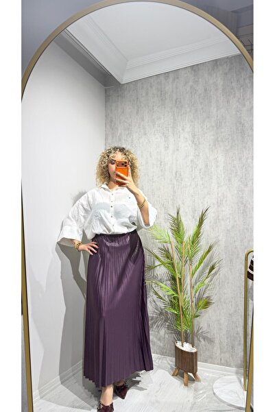 BELİS WEAR تنورة نسائية مطوية ذات سطح لامع
