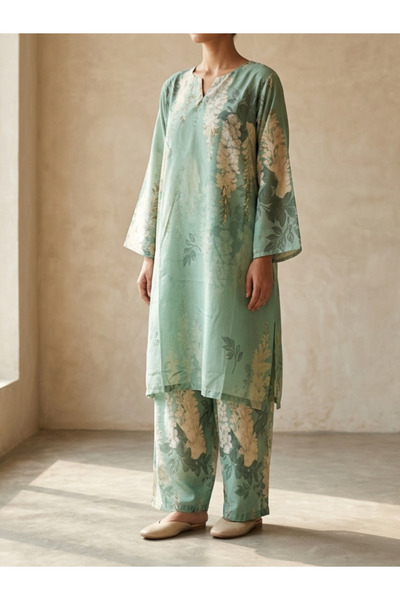 MYSMAR Light Green Printed Doria Lawn Co-Ord Set - AFK8814 | Light Green
