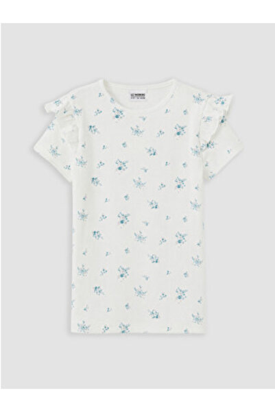 LC Waikiki New Season Ecru Floral Patterned Ruffle Girls' T-Shirt