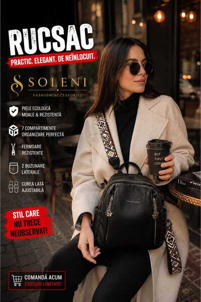 ANY SHOP MARKET SOLENI Rucsac Damă Negru, Piele Ecologică Moale, 7 Compartime...