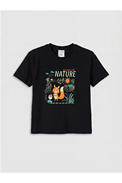 LC Waikiki New Season Black Crew Neck Printed Boys' T-Shirt