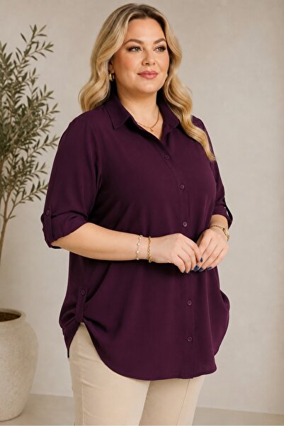 FOR ESRA BIG TREND Women's Large Size Solid Color Woven Viscose Shirt with Sl...