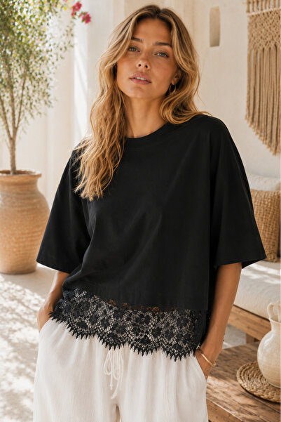 lovebox Lace Detailed Short Sleeve Oversized Black Woman Blouse 88002