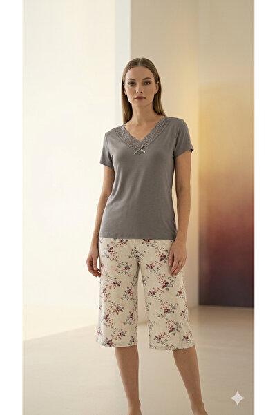 Pijamoni Women's Light Gray Bermuda Pajama Set with French Lace Trimmed Pants...