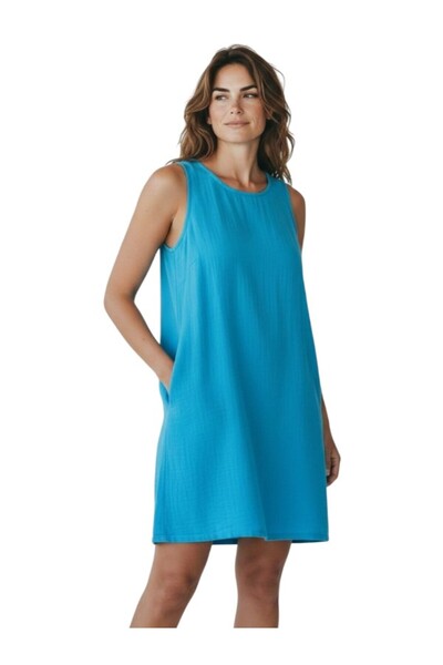 MODA Women's Muslin Linen Sleeveless Above-Knee Dress with Side Pockets Comfo...