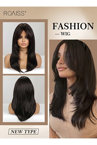 ROAISS Long Straight Black Brown Wig for Women, Middle Parting with Bangs Sli...