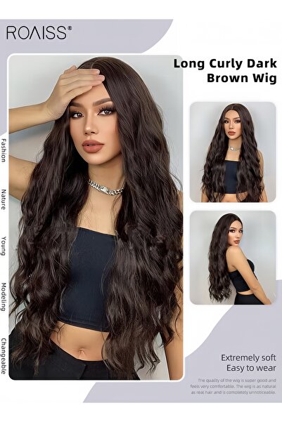 ROAISS Long Curly Dark Brown Wig, Women's Middle Parting Natural Soft Synthet...