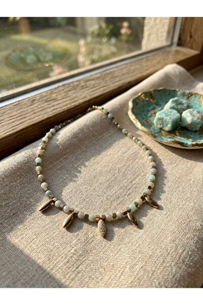 Meneva Aksesuar Amazonite Natural Stone and Steel Detailed Necklace