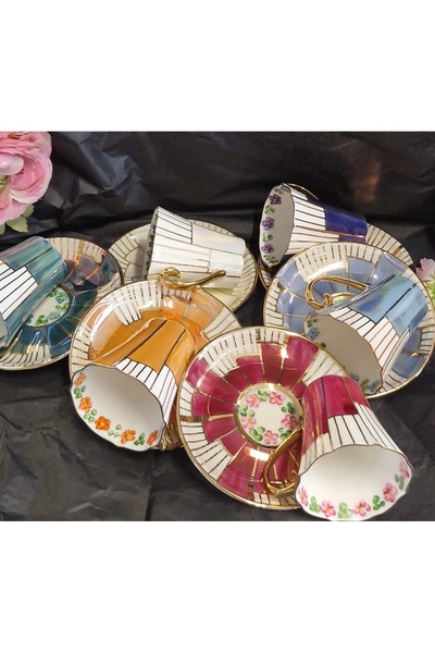 BY.RAYKA PORSELEN El Dekor Basamak Demet Porcelain Hand Painted 6-Piece Cup Set