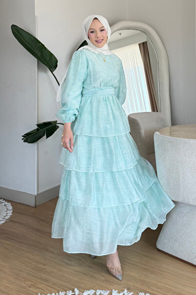 Tesettür Diyarı Fluer Tulle Modal Fabric Printed Lined Hijab Dress - Water Green