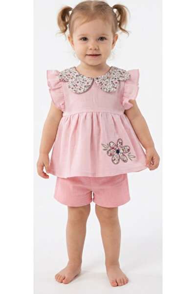 İrem Çocuk Giyim Baby Girl Muslin Fabric Collared Floral Embroidered Snap Clo...