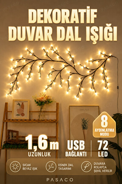 PASACO Dekoratif Dal LED Işık 72 LED USB Kumandalı 8 Modlu Gün Işığı Duvar Od...