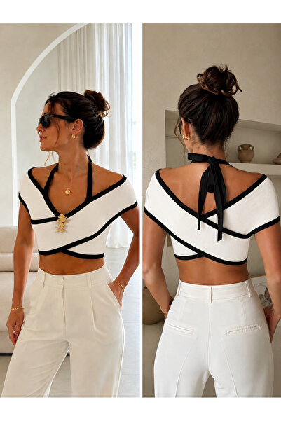 Kureyzibies Kadın Crop Bluz Serin Tutan Gold Tokalı Triko