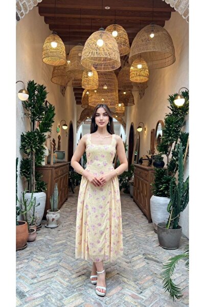 Moda Banuş Gül Desenli Astarlı Şifon Sarı Elbise