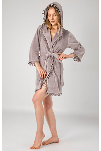 Nuşa Women's Short Hooded Leaf Guipure Niki Velvet Bamboo Cotton Dressing Gown