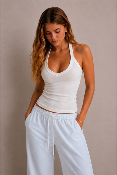 Baluxe Ecru Lightly Transparent Halter Ribbed Top