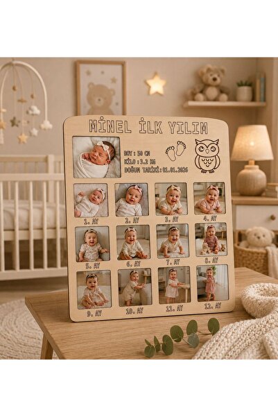 ArliaDesign Kişiye Özel İlk Yılım Ahşap Fotoğraf Çerçevesi - 12 Aylık Bebek Anı Panosu 3 MM MDF